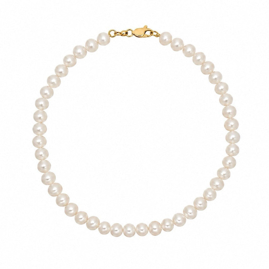 A classic single-strand pearl bracelet with uniform white pearls and a gold lobster clasp, displayed on a clean white background.