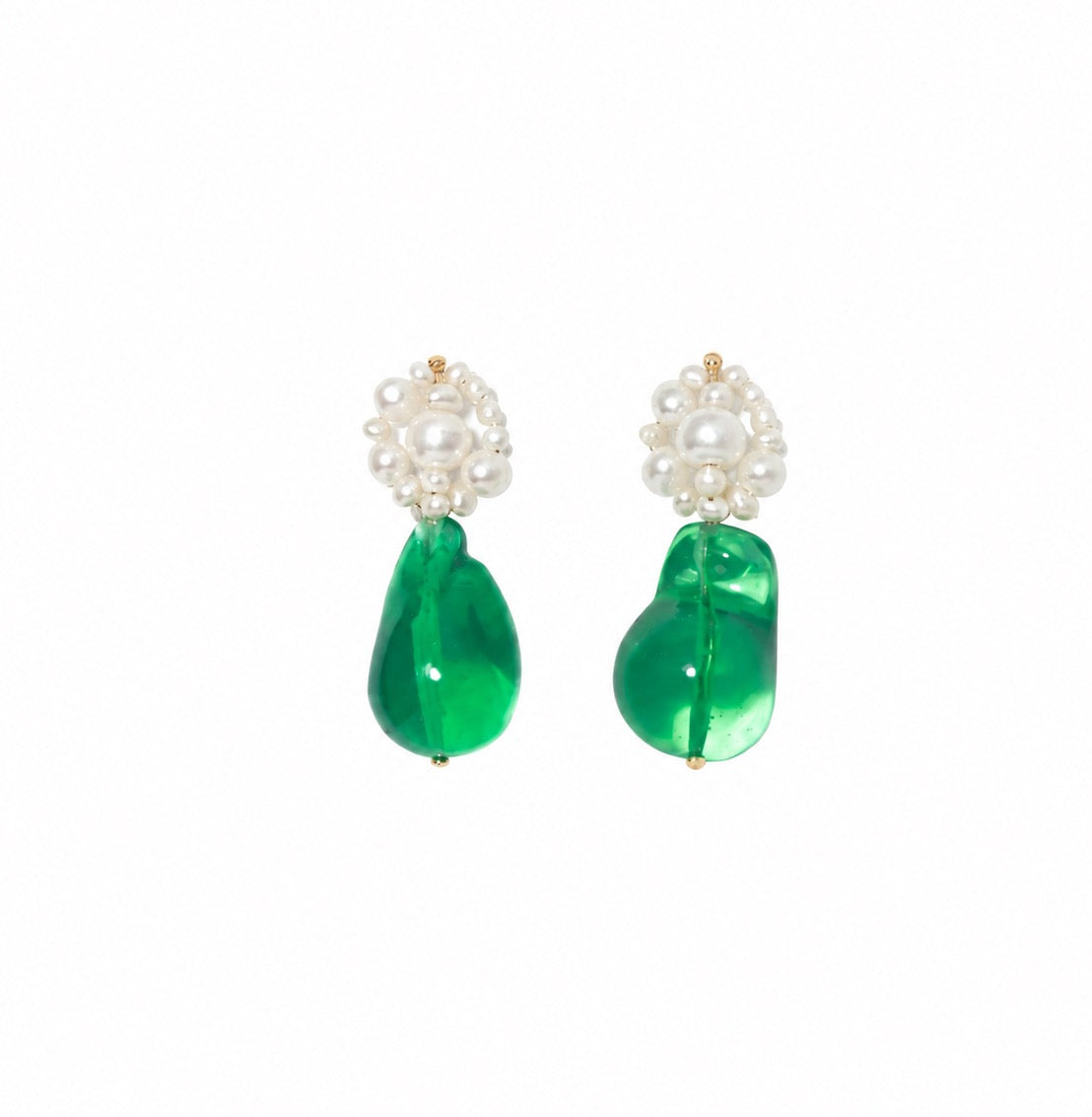 A pair of statement drop earrings featuring a cluster of white faux pearls at the top, hanging from which are large, teardrop-shaped translucent green gemstones, set against a plain white background.