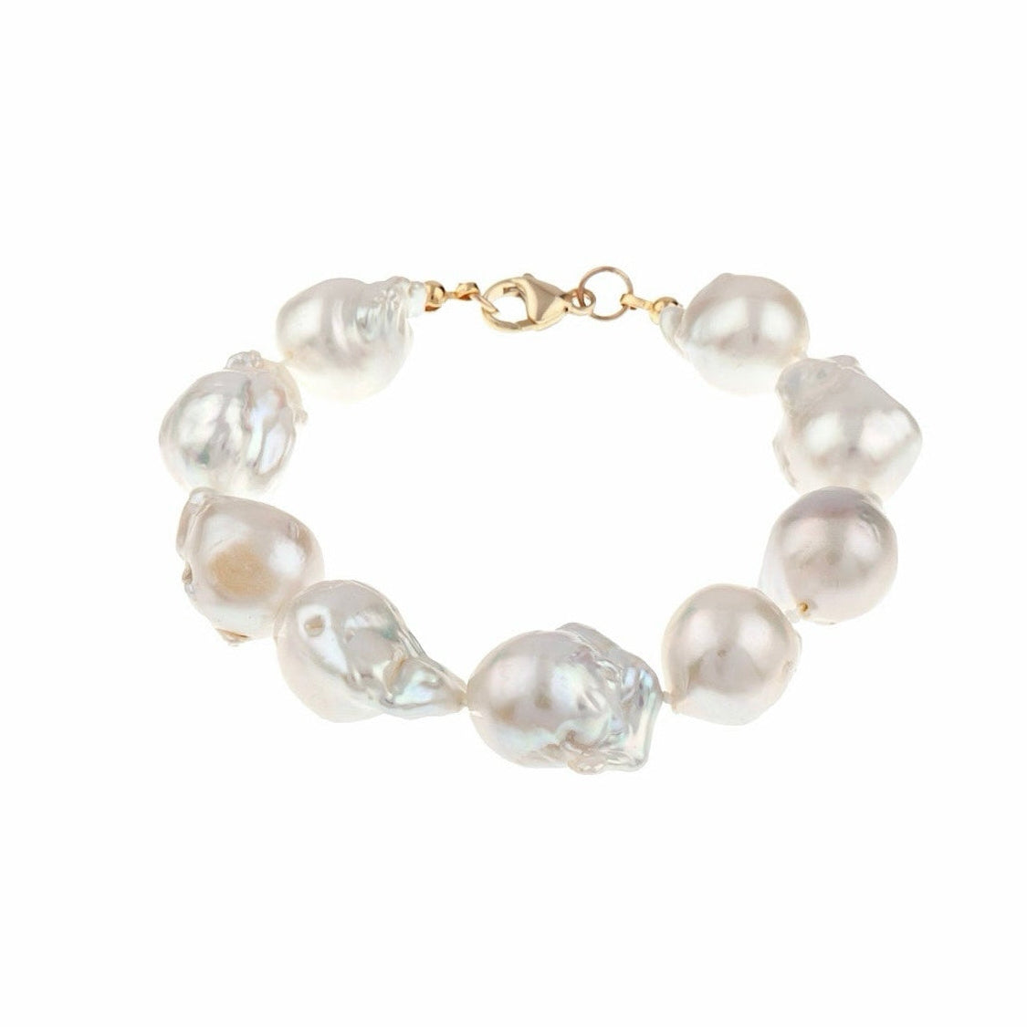 A baroque pearl bracelet with irregular, lustrous white pearls and a small gold clasp, shown on a plain white background.