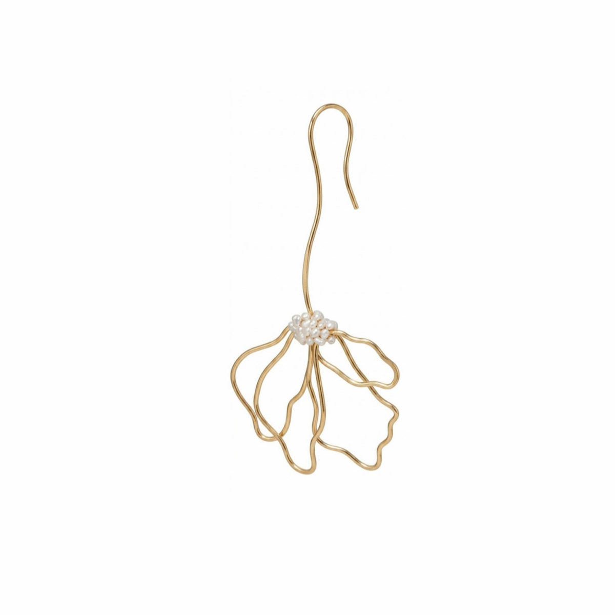 A gold wire earring with a hook back and a flower-like cluster of thin loops, accented by a small central cluster of white pearls, shown on a plain white background.