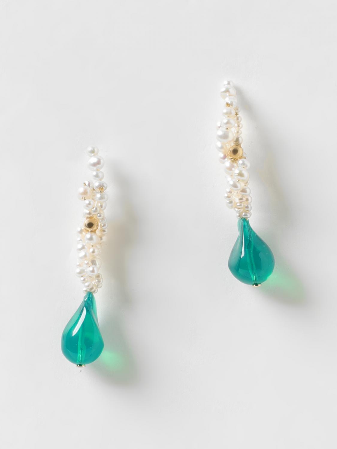A pair of dangle earrings featuring a cluster of small white pearls at the top, hanging from a teardrop-shaped translucent green resin gemstone, shown on a light gray background.
