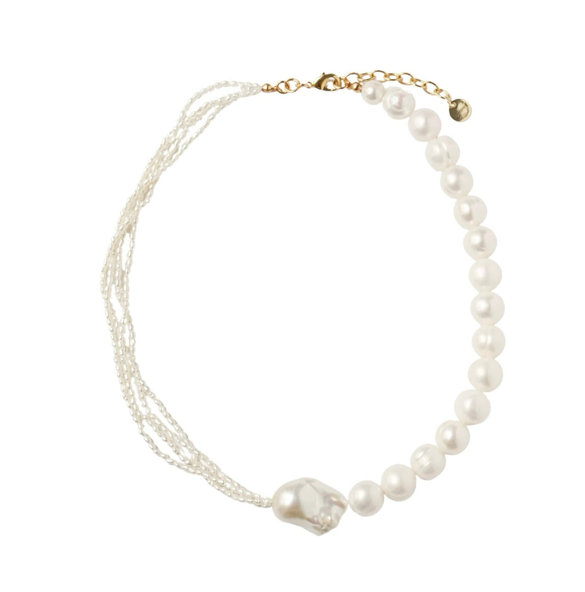 A delicate multi-strand pearl necklace with a gold clasp and extender chain, displayed on a clean white background.
