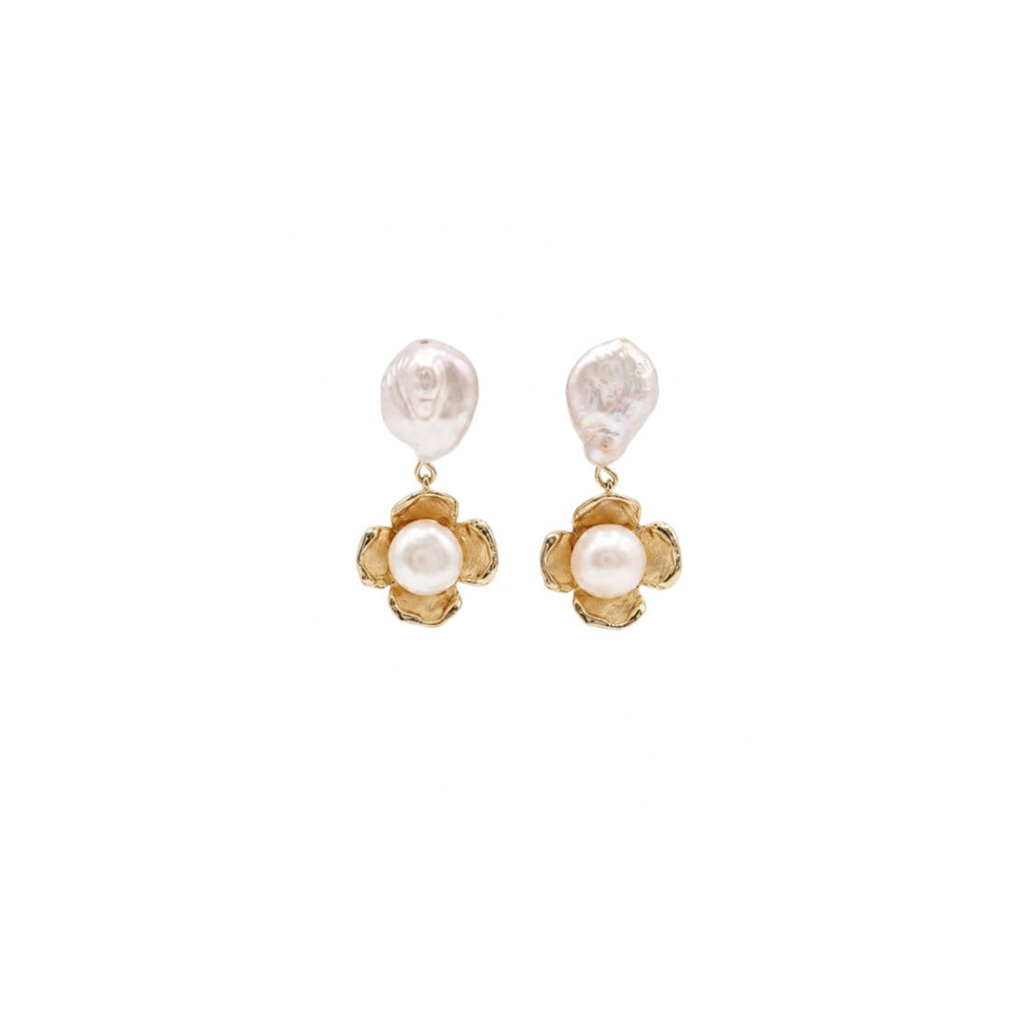A pair of gold and pearl dangle earrings on a solid white background. Each earring features a textured, irregular white pearl on the top and a smaller, smooth white pearl set in a gold flower-like frame below.