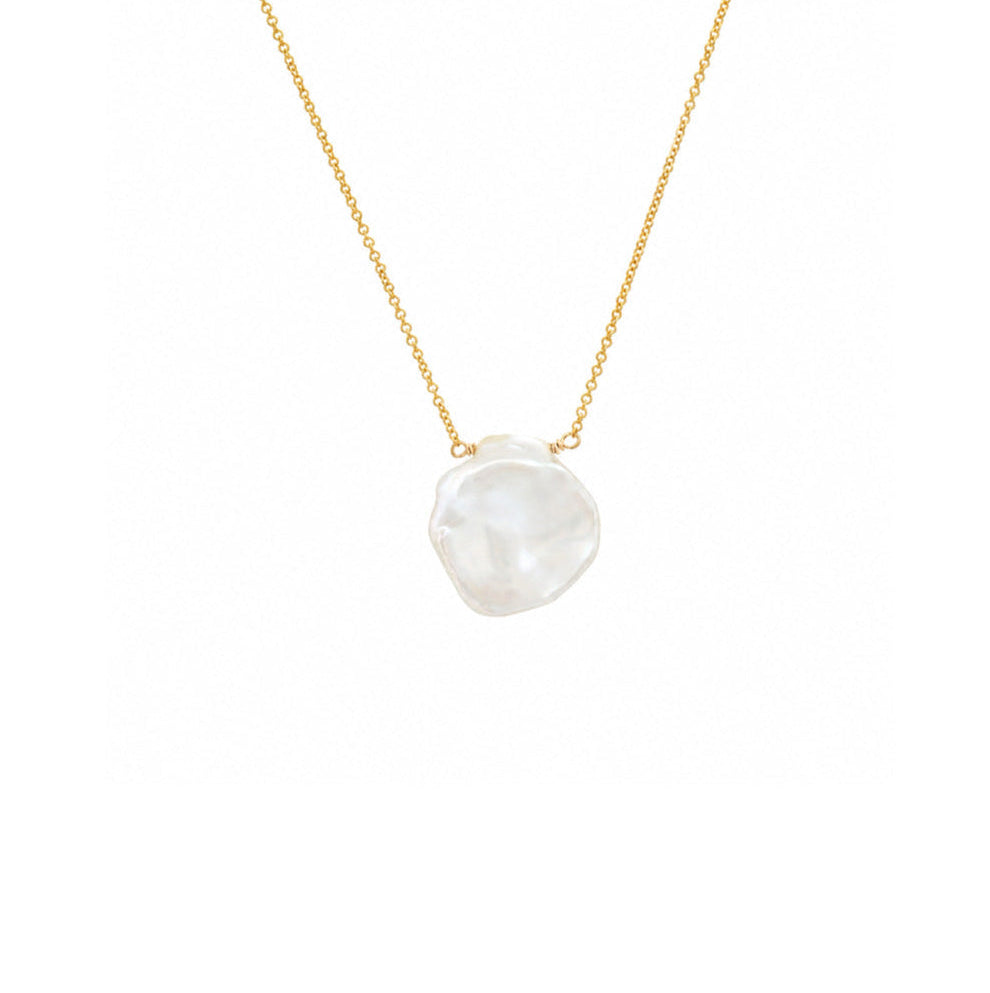 A delicate gold chain necklace featuring an irregular, organic-shaped white pearl pendant, presented on a clean white background.