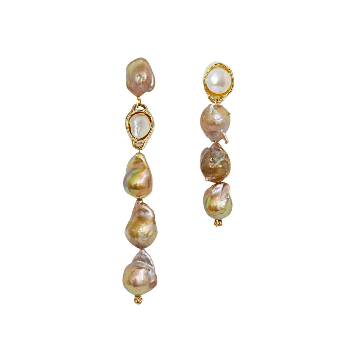A pair of gold dangle earrings featuring irregular baroque pearls in soft pink, beige, and iridescent tones, displayed against a solid white background.
