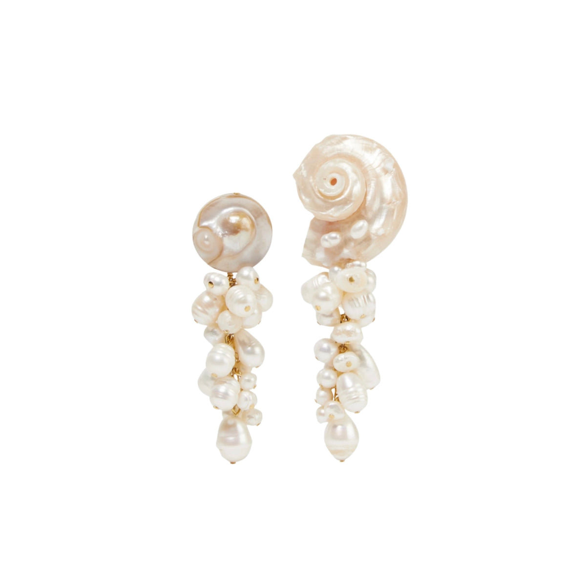 A pair of white shell and pearl drop earrings with pearl clusters, displayed against a solid white background.