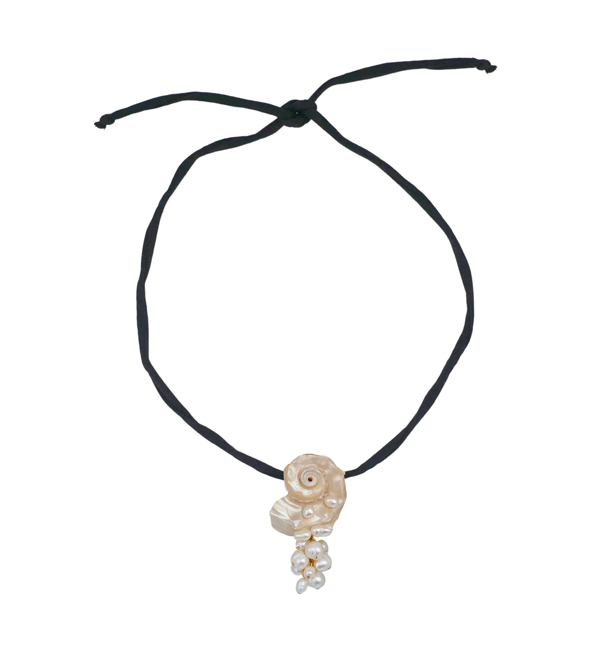 A black cord choker necklace featuring a central cluster of pearls and a small dangling pearl charm, shown against a plain white background.