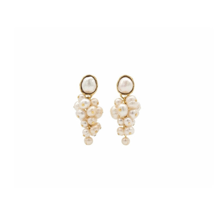 A pair of gold and pearl grapevine drop earrings on a solid white background.