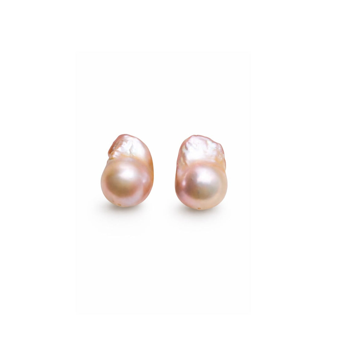 A pair of baroque freshwater pearls stud earrings with a soft pinkish luster, displayed on a clean white background.