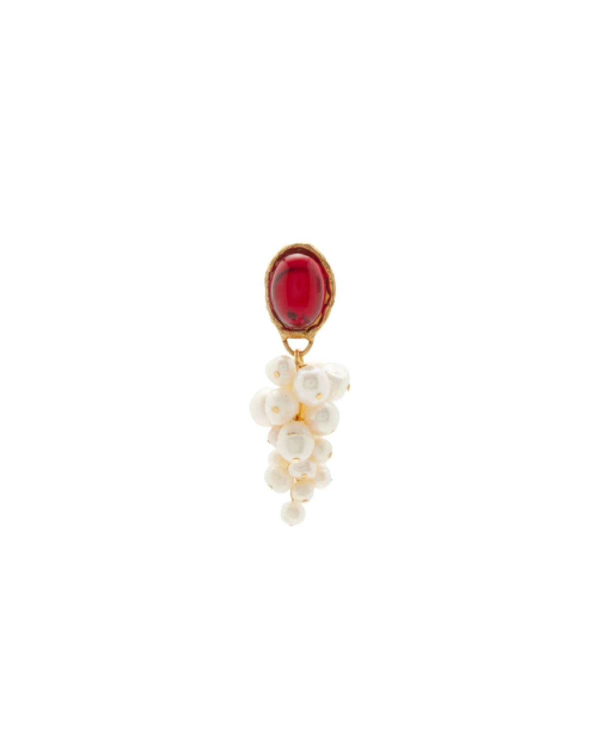 A single drop earring featuring a polished oval red gemstone in a gold setting, with a dangling cluster of small white pearls below, shown on a plain white background.