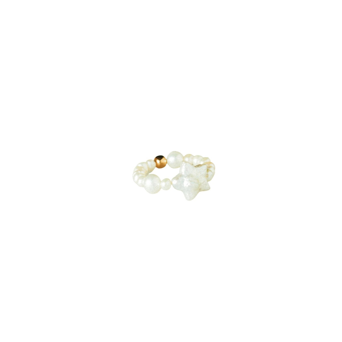 A pearl bead ring with a star-shapred pearl in the middle shown in plain white background.