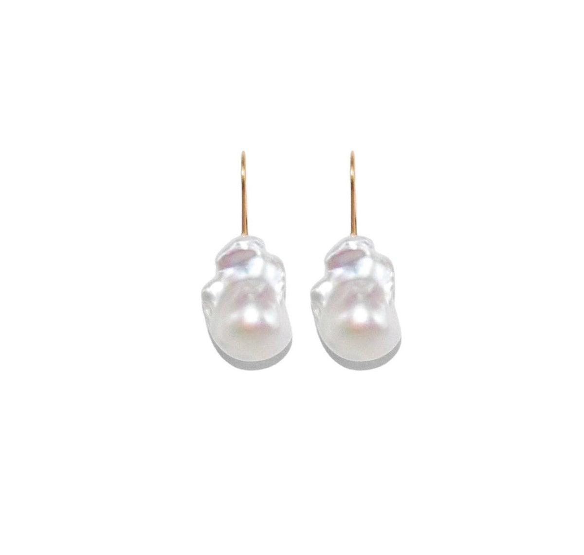 A pair of baroque pearl drop earrings with gold hooks, shown against a plain white background.