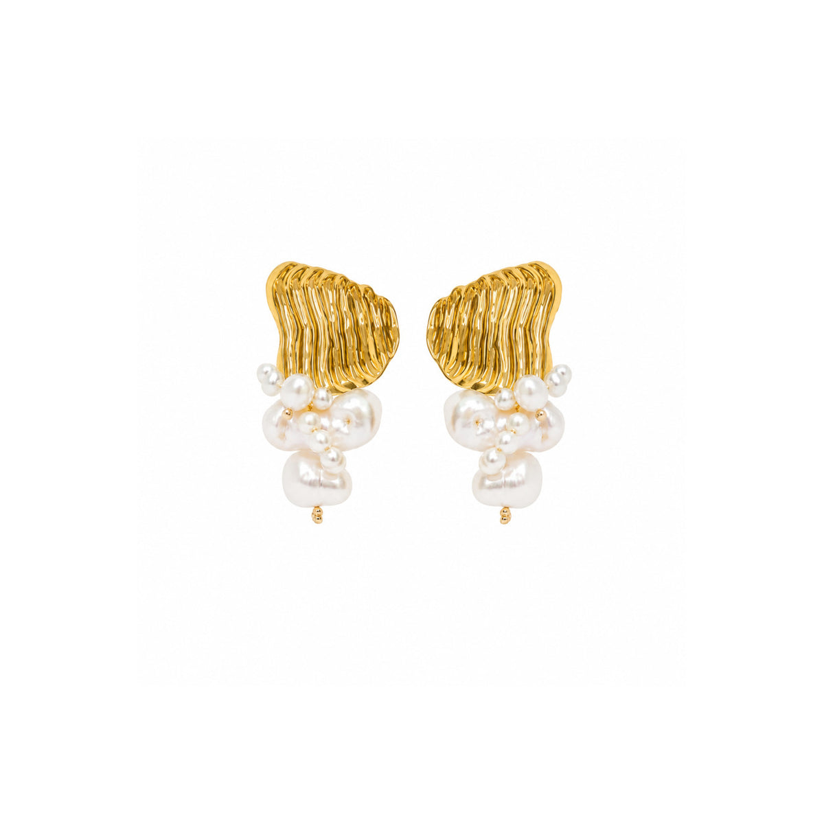 A pair of gold and pearl stud earrings on a plain white background. Each earring features a textured gold top with a cluster of white freshwater pearls hanging below.