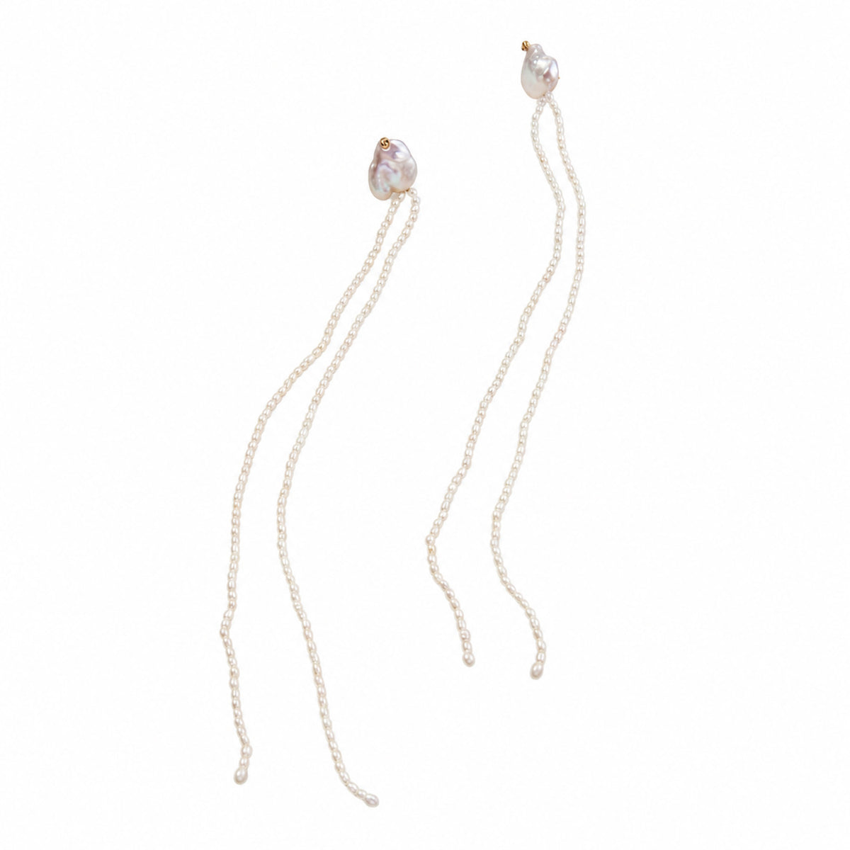 A pair of keshi pearl stud earrings with two strands of small irregular pearl beads attached on each side, shown in a plain white background.
