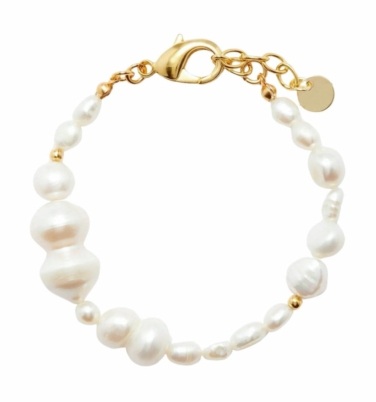 A baroque pearl bracelet with a gold clasp and chain, featuring irregular white pearls separated by small gold spacer beads, shown on a plain white background.