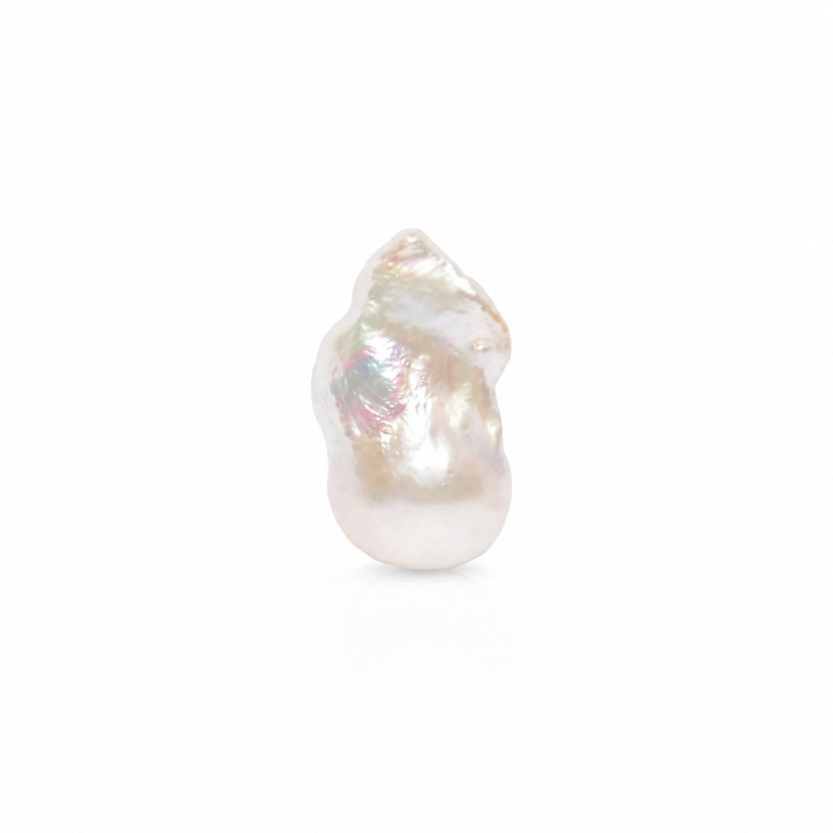 A single baroque freshwater pearl with an irregular, organic shape, displaying a pearlescent white body with subtle iridescent hints, set against a seamless white background.