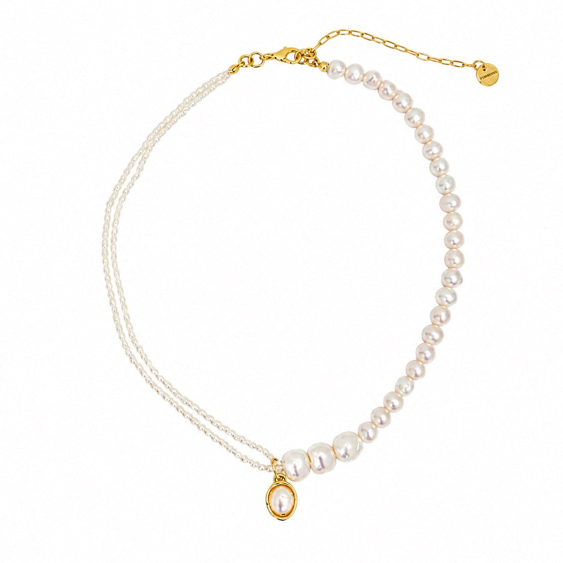 A double-strand pearl necklace with a gold chain extender, a small gold charm, and a round pearl pendant in a gold frame, displayed on a clean white background.