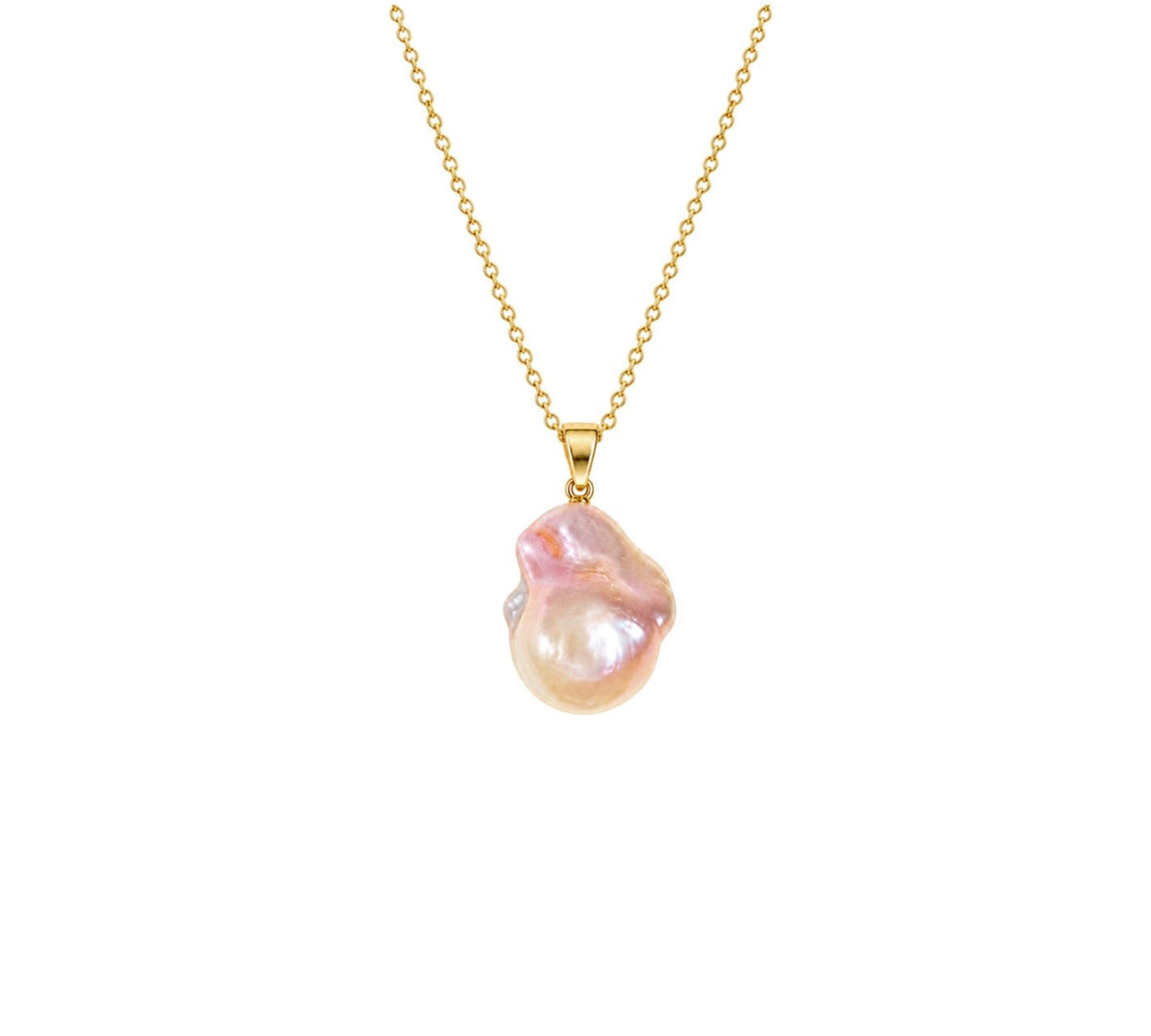 A gold chain necklace featuring a large, irregular baroque pearl pendant with soft pink and cream iridescence, set against a plain white background.
