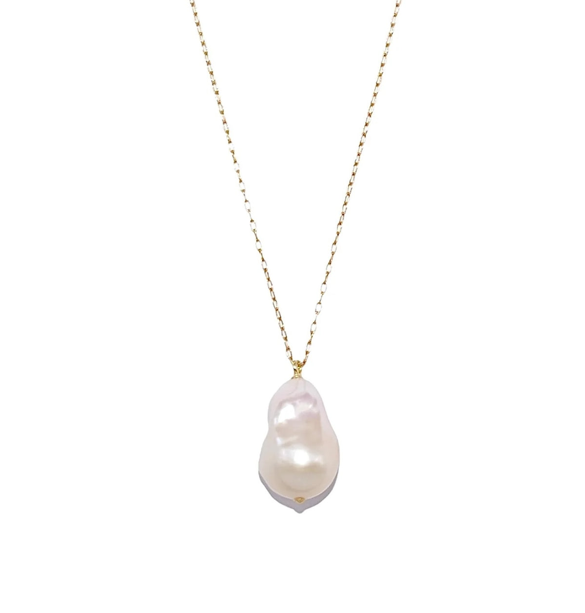 A delicate gold chain necklace featuring a large, irregular baroque pearl pendant with a soft white luster, set against a solid white background.