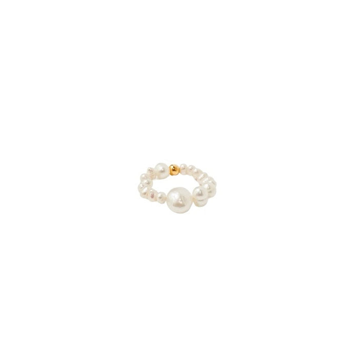 A delicate pearl beaded ring with a small gold clasp, centered on a solid white background.