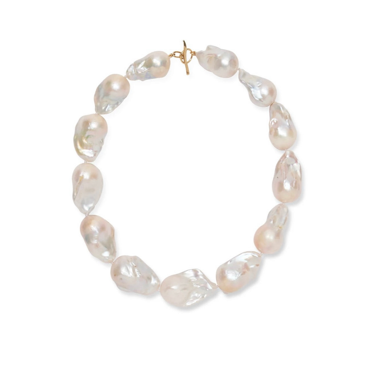 A baroque pearl bracelet with irregular, teardrop-shaped lustrous pearls in soft off-white tone, accented by a small gold clasp, shown on a plain white background.