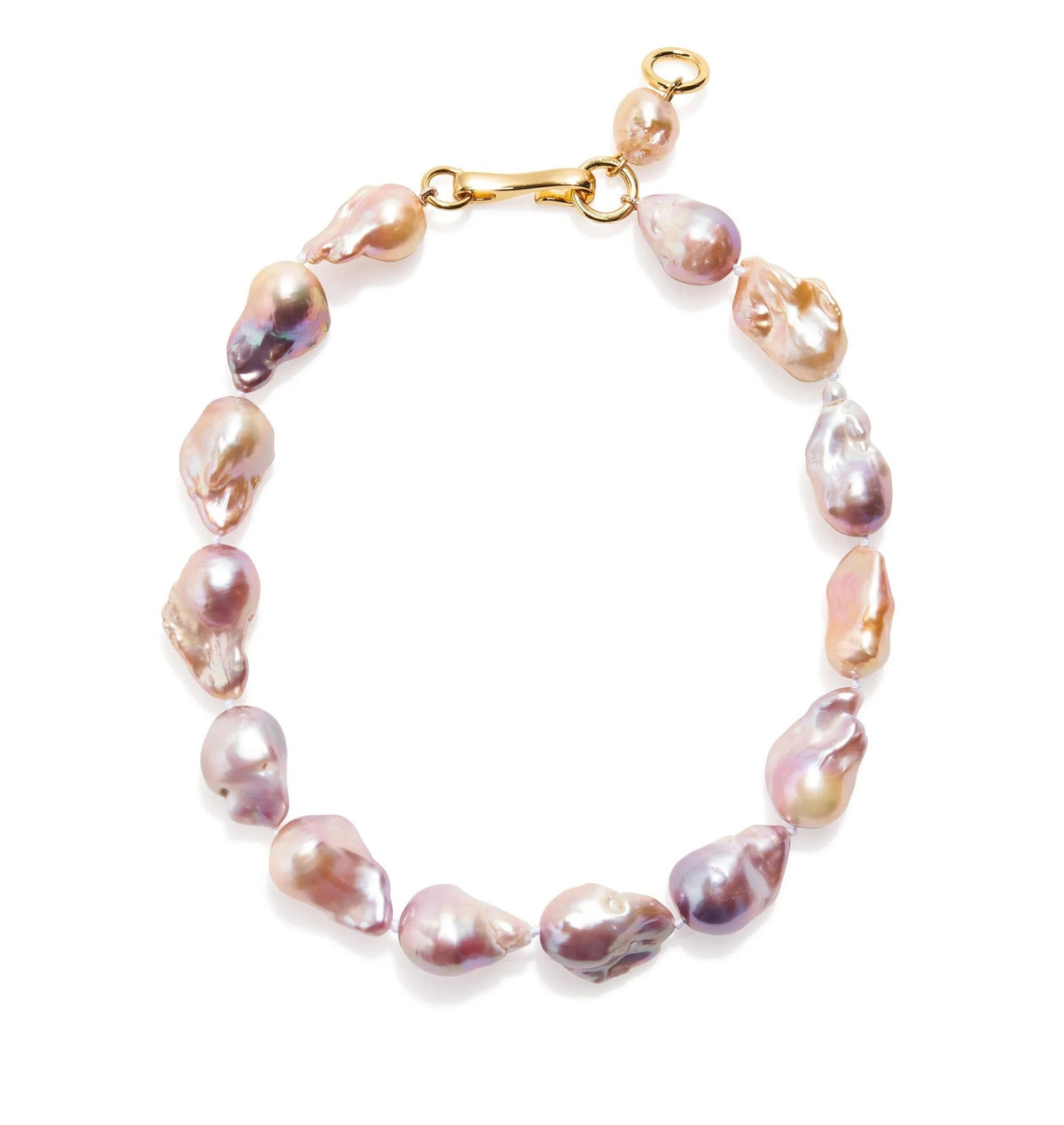 A baroque pearl necklace with iridescent pink, purple, and peach pearls on a gold-tone clasp, shown on a clean white background.