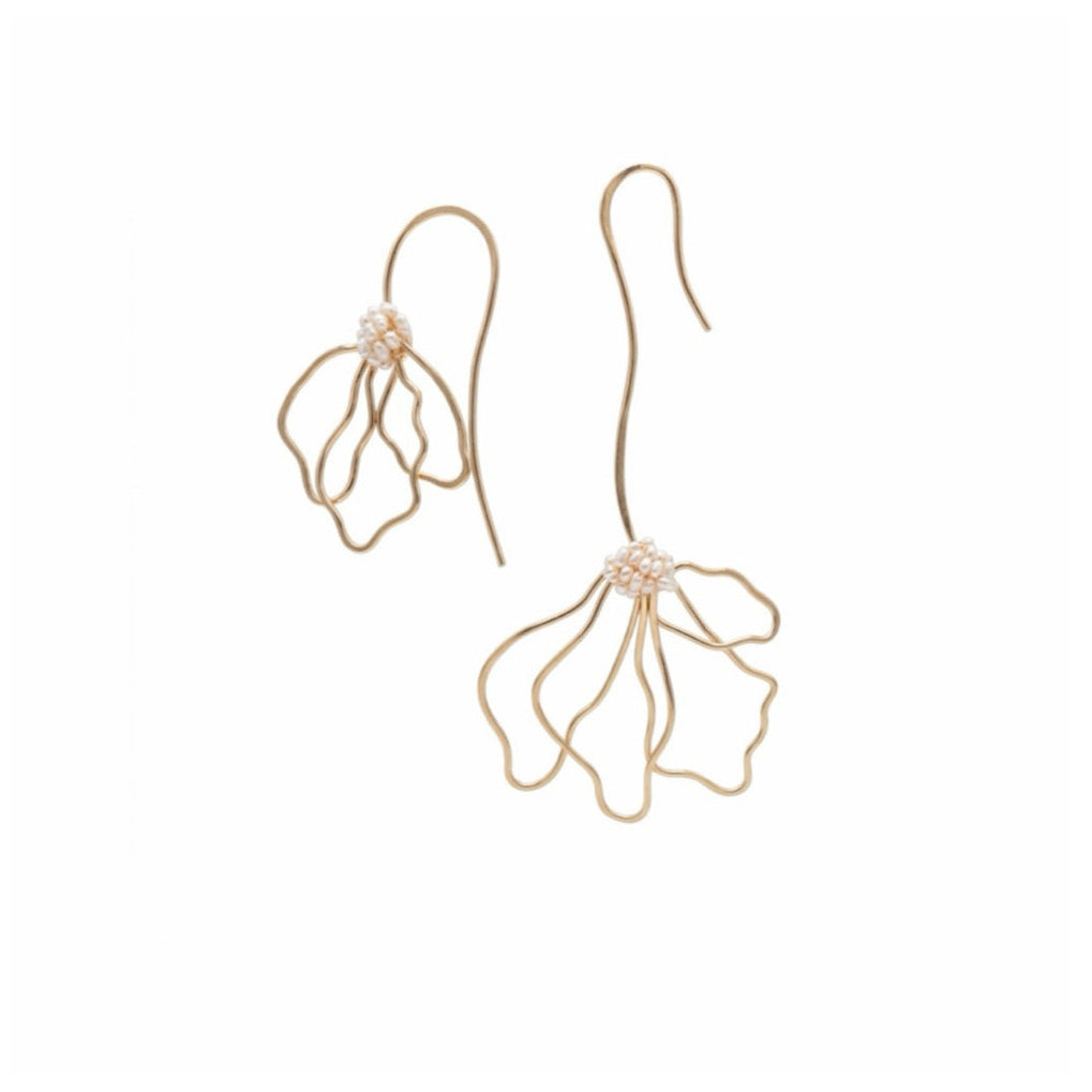 A pair of gold-toned dangle earrings with a delicate, openwork floral design and a small cluster of clear stones at the center of each flower, shown against a plain white background.