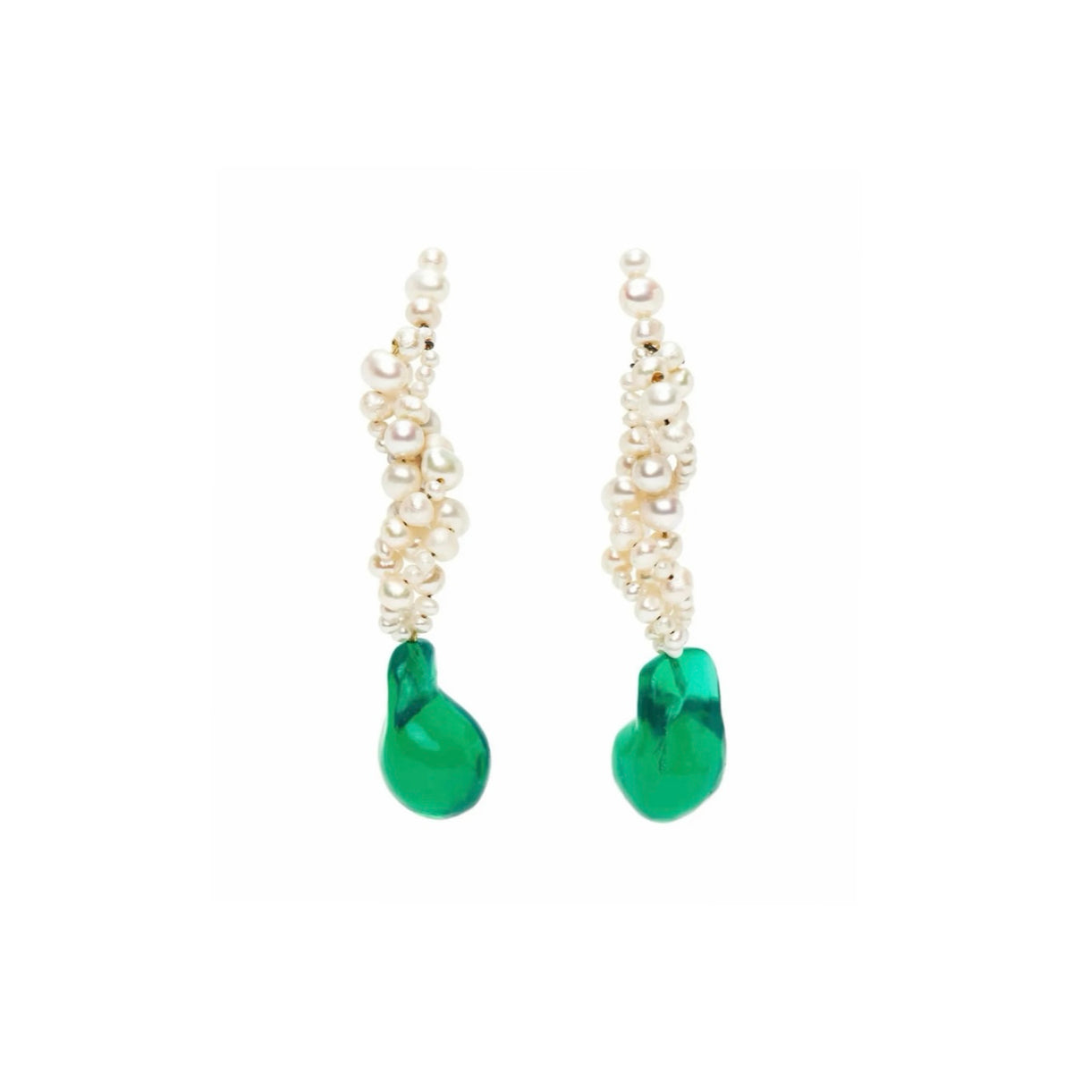 A pair of gold dangle earrings featuring a cluster of small white pearls at the top and a large, organic-shaped green teardrop gemstone at the bottom, set against a plain white background.