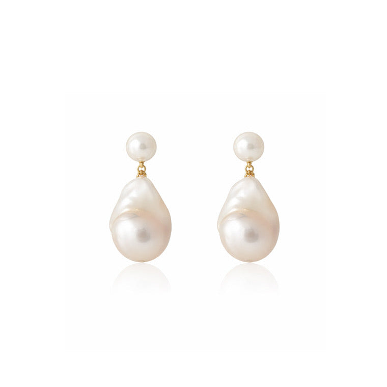 Minimal Baroque Earrings, White – round pearl stud paired with a large baroque pearl drop