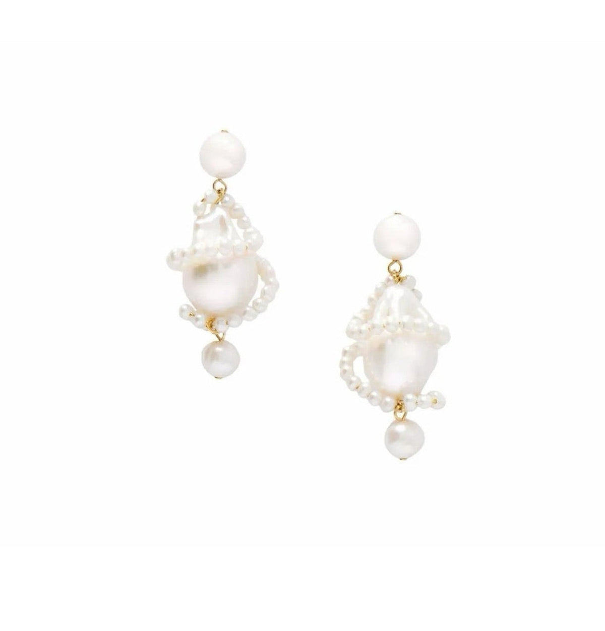 A pair of dangle earrings featuring large baroque pearls with small pearl beads spiralling them, displayed against a solid white background.
