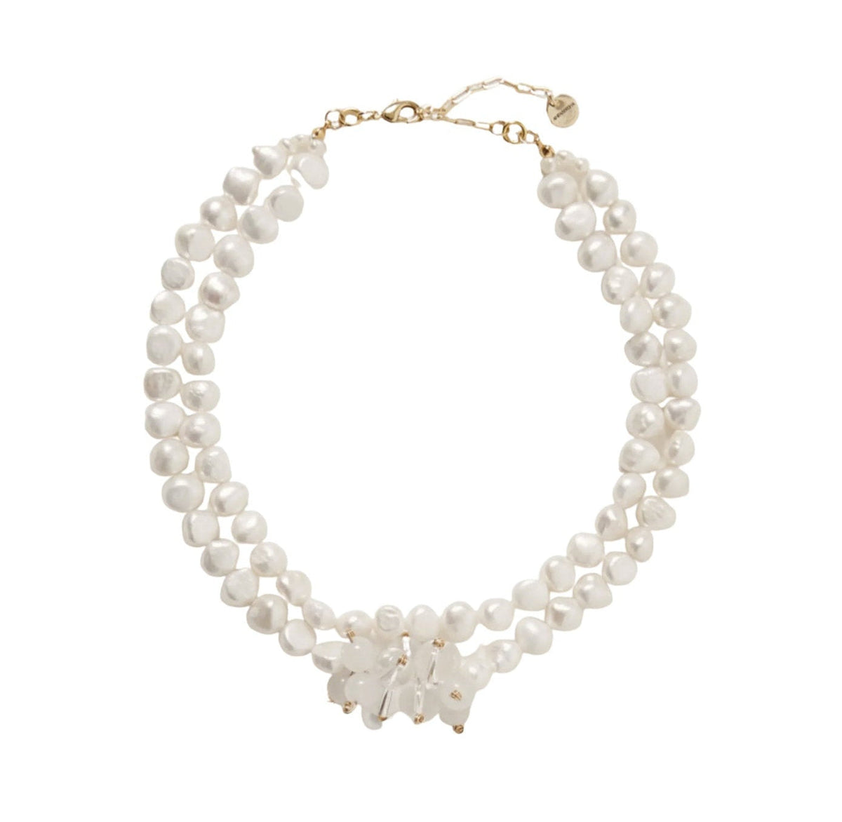 A double-strand pearl necklace with a gold-tone clasp and a central cluster of white pearls, displayed on a clean white background.