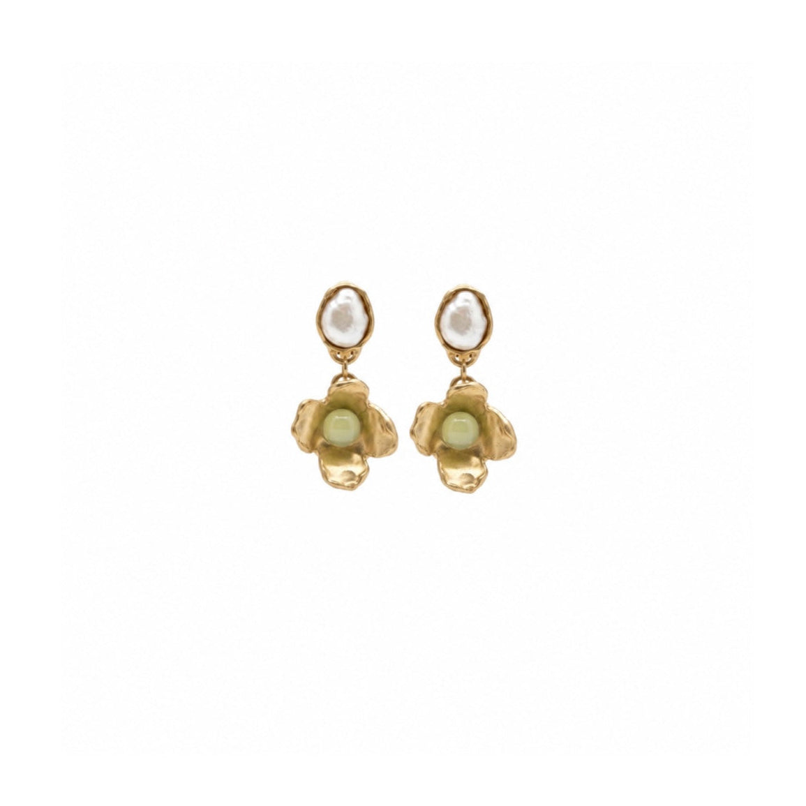 A pair of gold dangle earrings featuring a small white pearl oval at the top and a textured gold flower-shaped drop with a green gemstone in the centre, shown on a plain white background.
