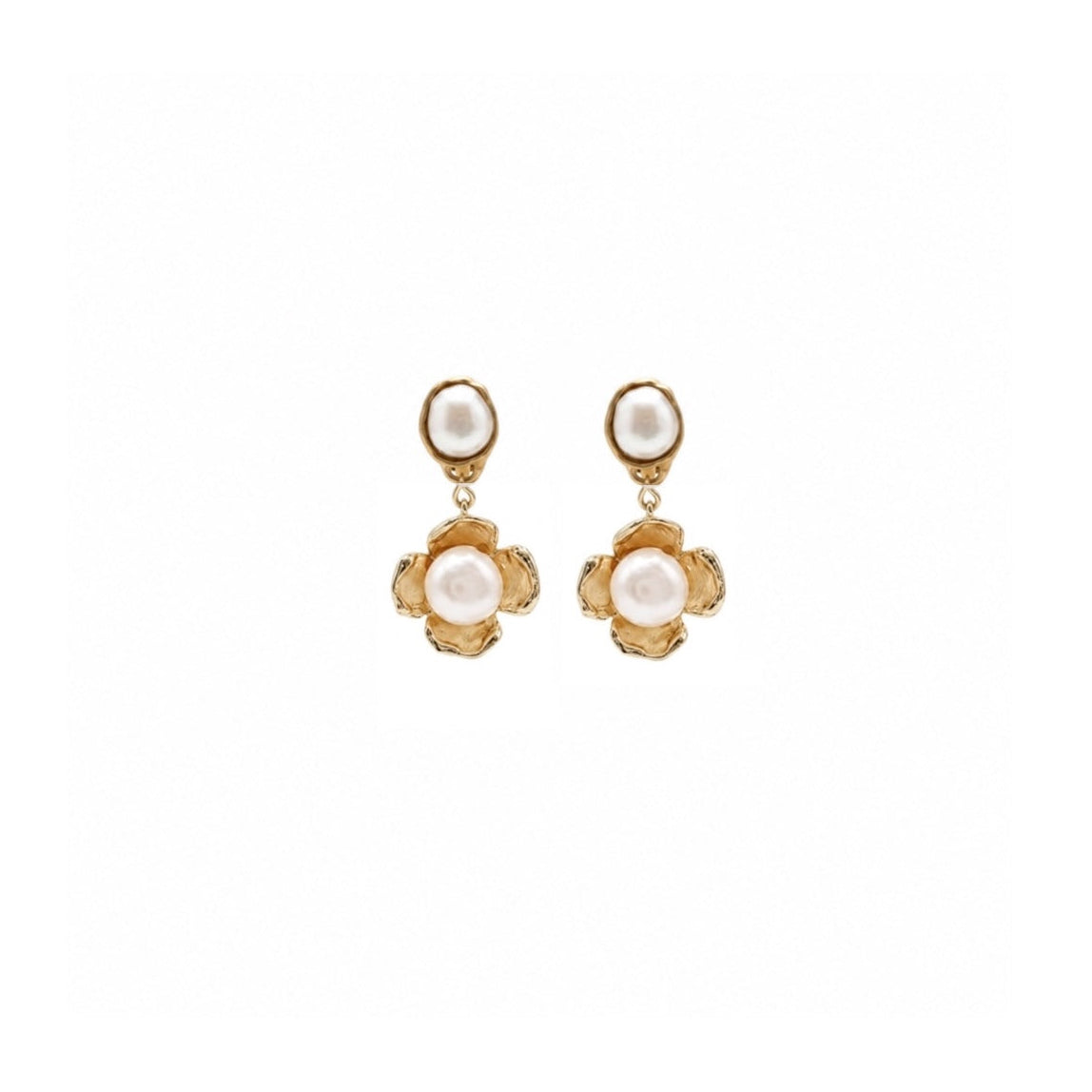 A pair of gold dangle earrings with oval white pearl studs and matching flower with golden petals with a round pearl in the centre, shown on a plain white background.