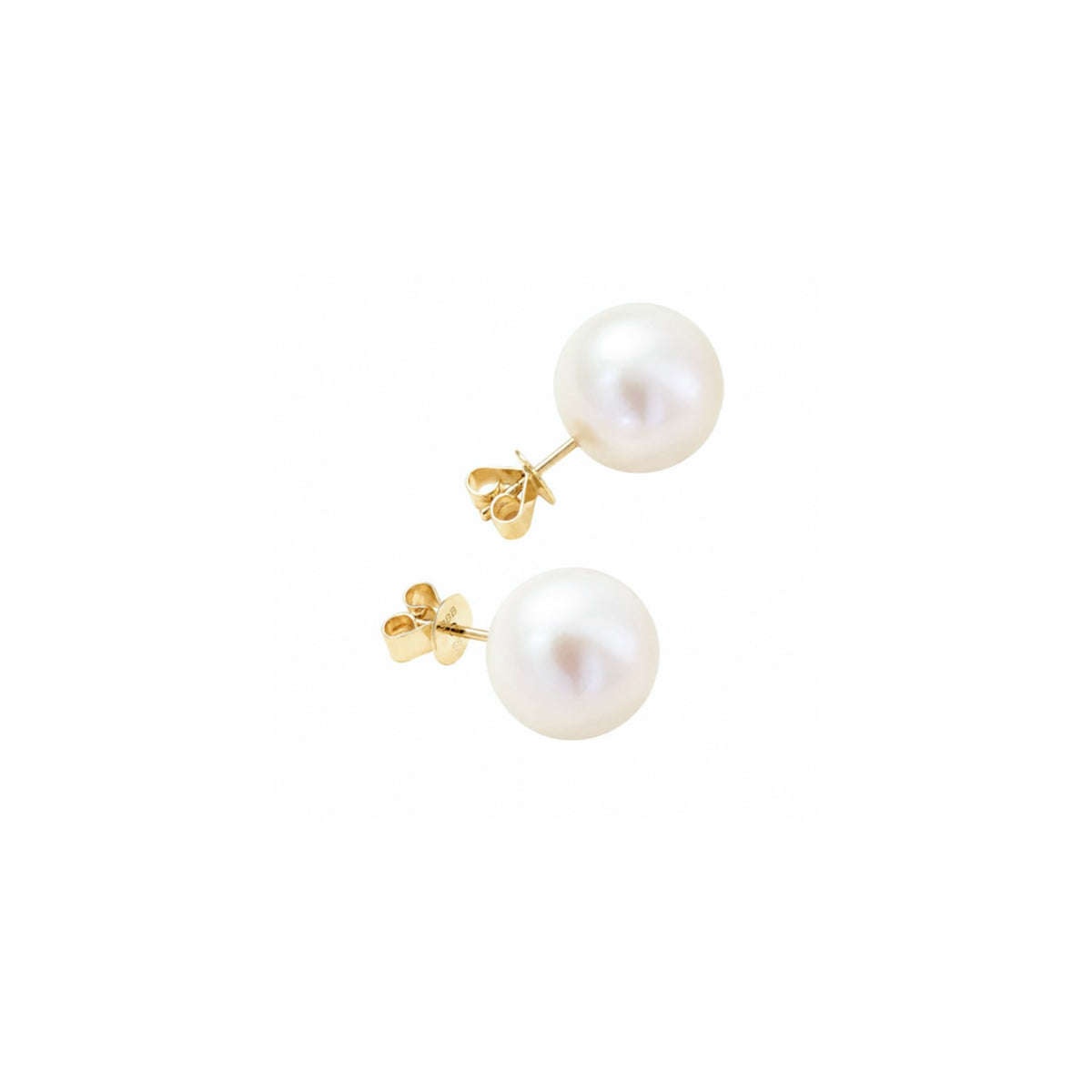 A pair of round white pearl stud earrings with golden butterfly backs, shown in plain white background