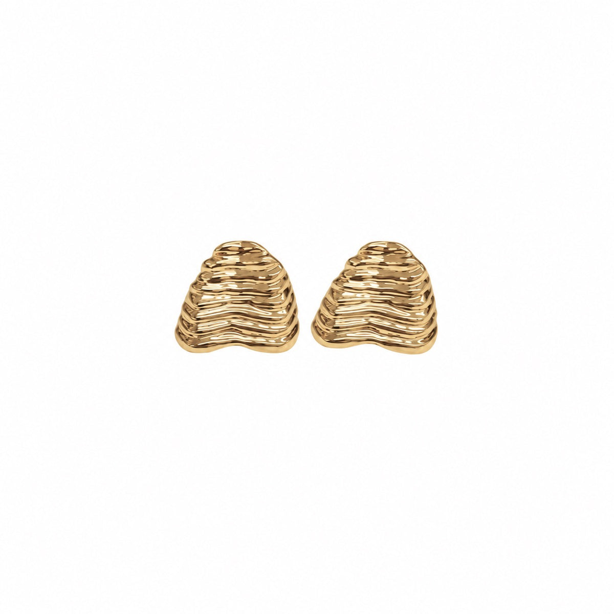 A pair of gold textured, organic-shaped stud earrings with a wavy, layered horizontal ribbed pattern, shown on a plain white background.