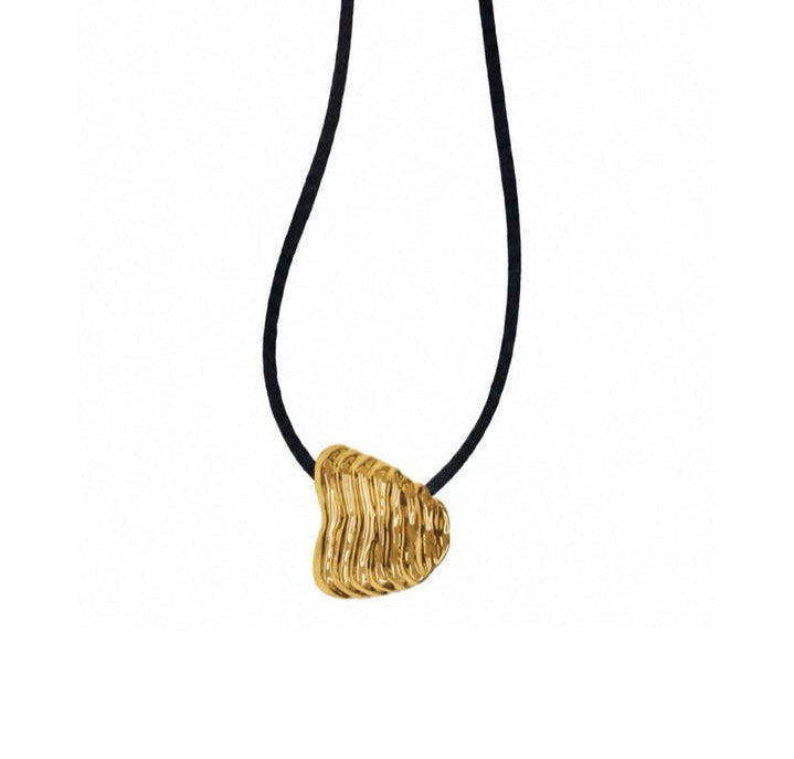 A gold textured, twisted heart-shaped pendant necklace on a thin black cord, shown against a plain white background.