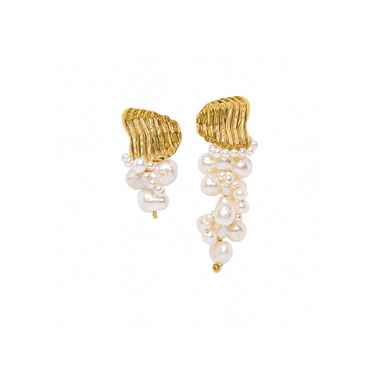 A pair of gold and pearl drop earrings on a solid white background. Each earring features a textured gold top with cascading clusters of white freshwater pearls of varying sizes.