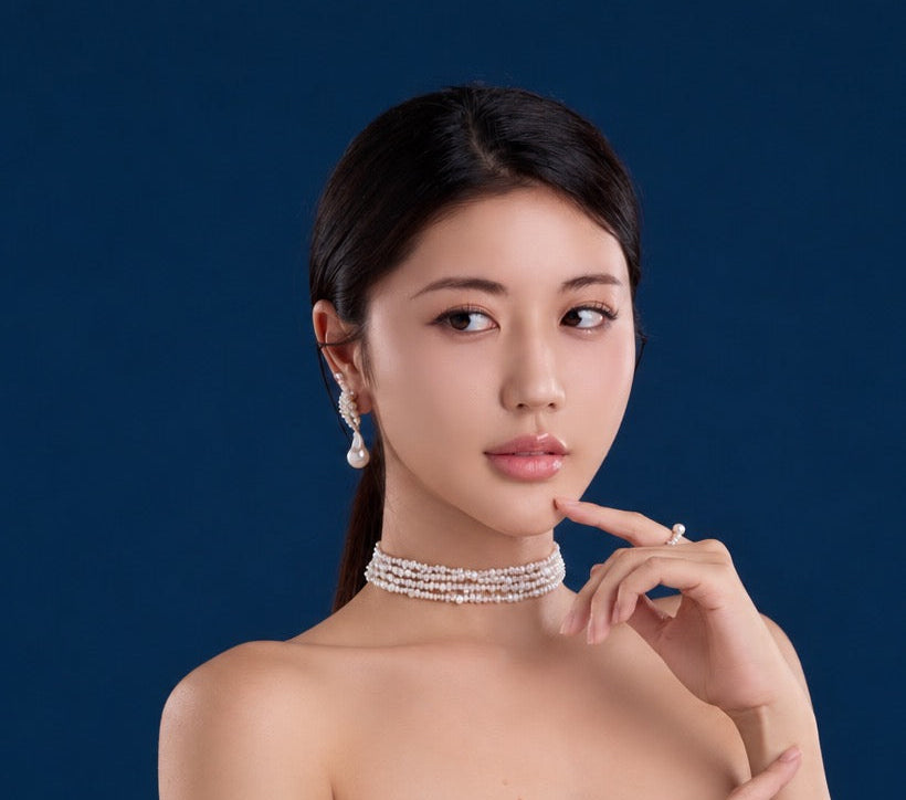 A woman with dark hair tied back wears a black strapless top and a sparkling silver choker necklace, posing against a solid dark blue background.